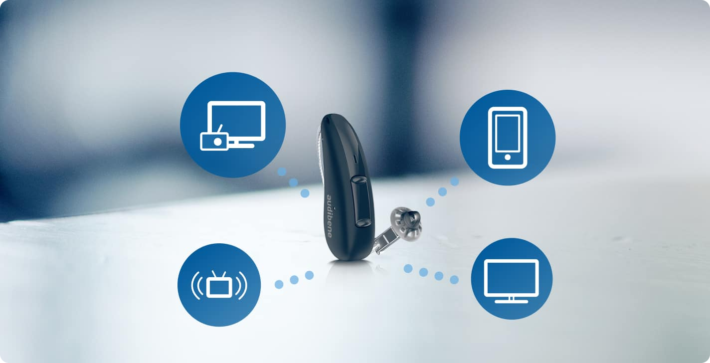 audibene gehoorapparaat in het midden met wolkjes naar multimedia apparatuur die via Bluetooth gekoppeld kunnen worden